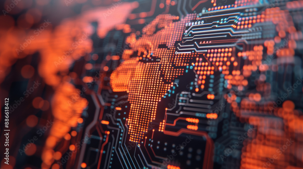 Poster abstract world map with digital circuits and glowing lights, representing global technology and big 