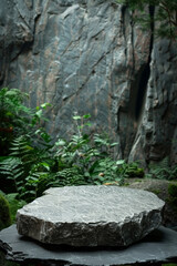 Rough quartzite stone podium for product presentation on a rugged, outdoor-themed background with moss and foliage