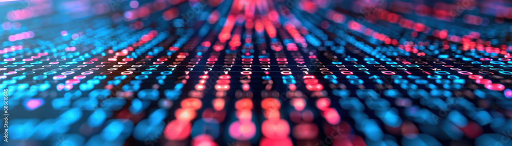 Poster abstract digital data visualization with colorful dots and lines, representing technology, innovatio