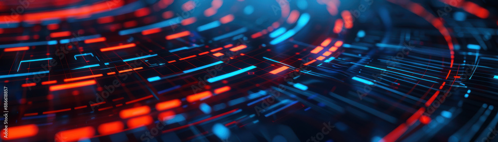 Poster abstract futuristic digital technology background with glowing blue and red lines and shapes, repres