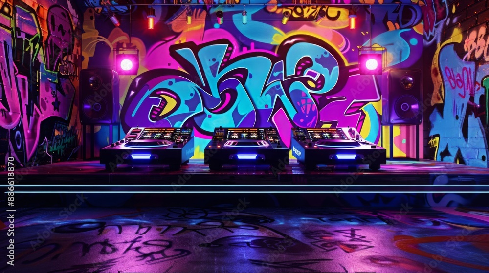 Aufkleber three dj consoles are positioned on a stage in front of a brightly colored graffiti wall, with neon 
