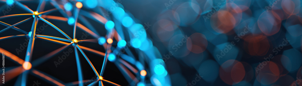 Poster abstract background with interconnected nodes and glowing dots forming a network pattern, representi