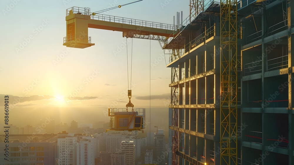 Poster autonomous crane assembling futuristic skyscraper with advanced building technology