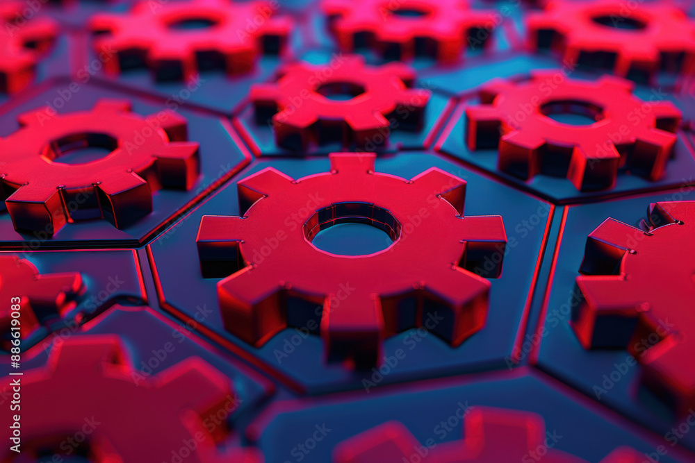 Poster close-up of red gears on a blue surface, capturing the intricate details of interlocking mechanical 