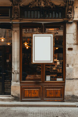Mockup of white promotion poster or advertising displayed in showcase store of old european town