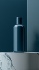 A blue bottle of perfume is sitting on a marble pedestal