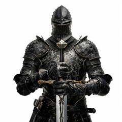 A knight in black armor, holding a broadsword with intricate designs, isolated on white background.