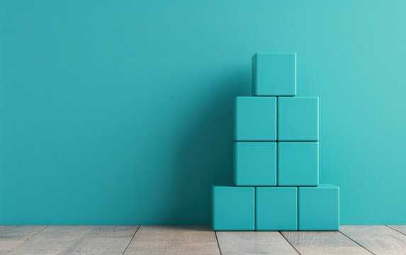 Minimalist teal cube pyramid against a teal background on wooden floor. Modern design concept for creative visuals.
