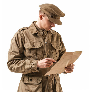 A meticulous quartermaster in a neat uniform, checking supplies and inventory lists, isolated on white background