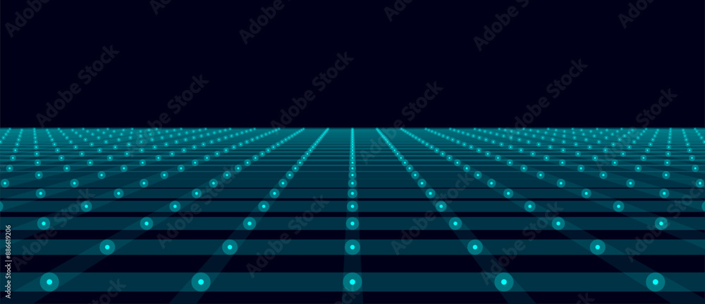 Poster abstract vector perspective grid. digital background in retro style. wireframe landscape on blue bac