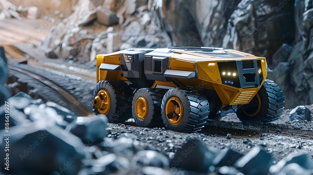 Poster autonomous robotic dump truck transporting materials in quarry for future mining
