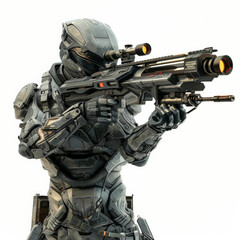 A futuristic sniper in high-tech armor, holding a sleek, advanced sniper rifle with a digital scope, isolated on white background