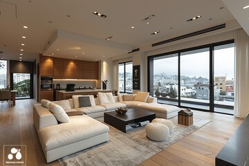 Fototapeta premium Contemporary Living Room A living room with a modern sofa, sleek coffee table, and minimalist decor. Include large windows and a neutral color palette