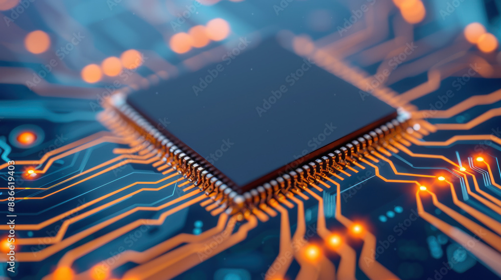 Poster close-up of a microchip on a circuit board with glowing orange and blue circuitry lines, showcasing 