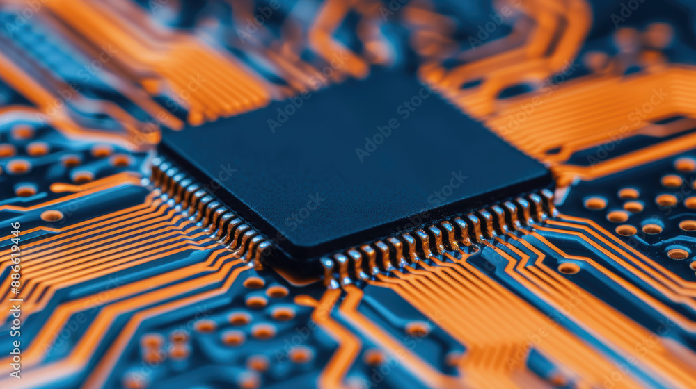 Poster close-up of a colorful, detailed computer circuit board with glowing orange lines and a central blac