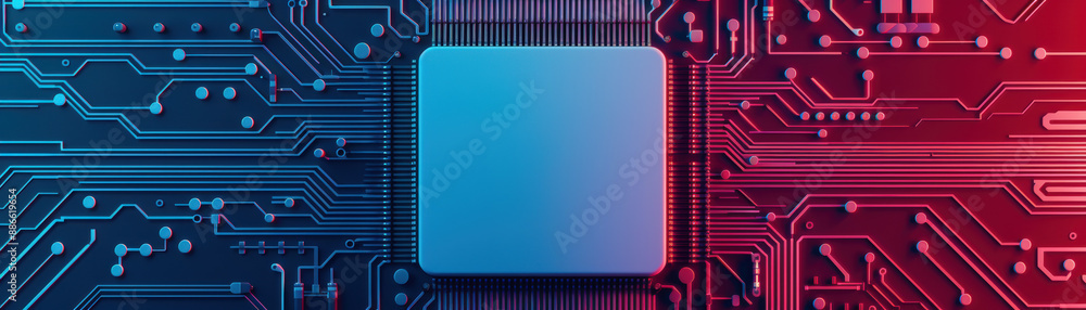 Poster futuristic blue and red computer cpu microchip on a detailed circuit board background, representing 