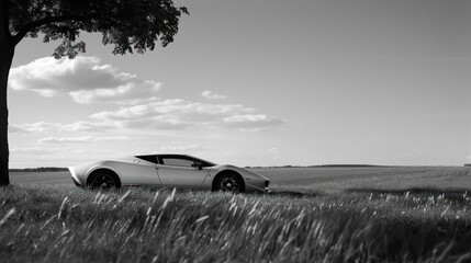 Fototapeta premium A white car on grass in black and white,