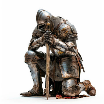 A knight in gleaming armor, kneeling with a sword planted in the ground, paying homage, isolated on white background.