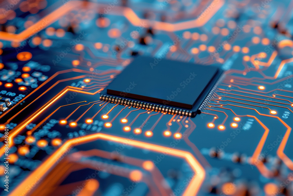 Poster close-up of a modern circuit board with glowing lines and components, showcasing advanced technology