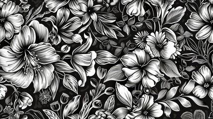 Seamless pattern featuring detailed illustrations of various flowers blooming on a dark background