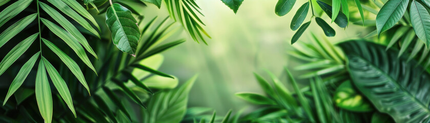 Obraz premium Lush green tropical leaves, beautifully arranged with bright light filtering through. Perfect for nature-themed backgrounds and serene settings.