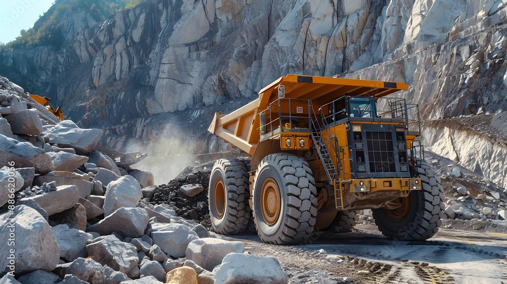 Poster autonomous robotic wheel loader transporting rocks in futuristic quarry