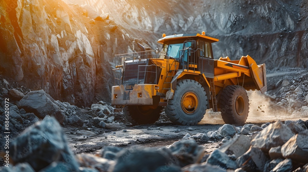 Poster robotic wheel loader transporting rocks in autonomous quarry transformation