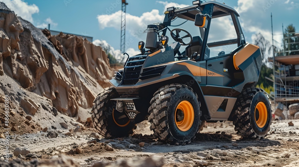 Poster robotic skid steer loader performing precise tasks on a construction site,autonomous machinery for