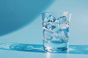 a glass of water with ice cubes