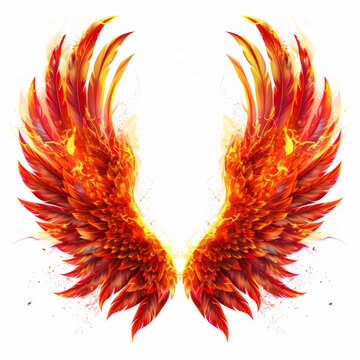 A pair of fiery phoenix wings with flames and vibrant red and orange hues, isolated on white background.