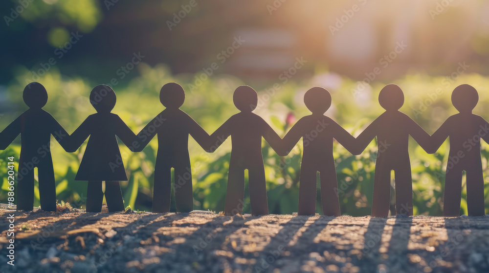 Aufkleber silhouette of paper people holding hands symbolizing unity and teamwork with blurred nature backgrou