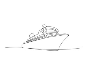 Continuous one line drawing of travel cruise ship. Cruise ship in simple outline illustration. Editable line vector