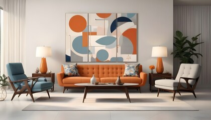 Sunny mid-century style interior living room design with abstract art in the background. Generative AI