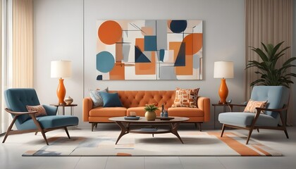 Fototapeta premium Sunny mid-century style interior living room design with abstract art in the background. Generative AI