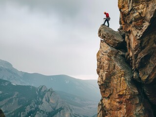 A climber ascends to the summit of a rugged cliff, highlighting adventure and achievement in outdoor rock climbing With copy space for text.