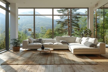 Fototapeta premium Contemporary Living Room A living room with a modern sofa, sleek coffee table, and minimalist decor. Include large windows and a neutral color palette