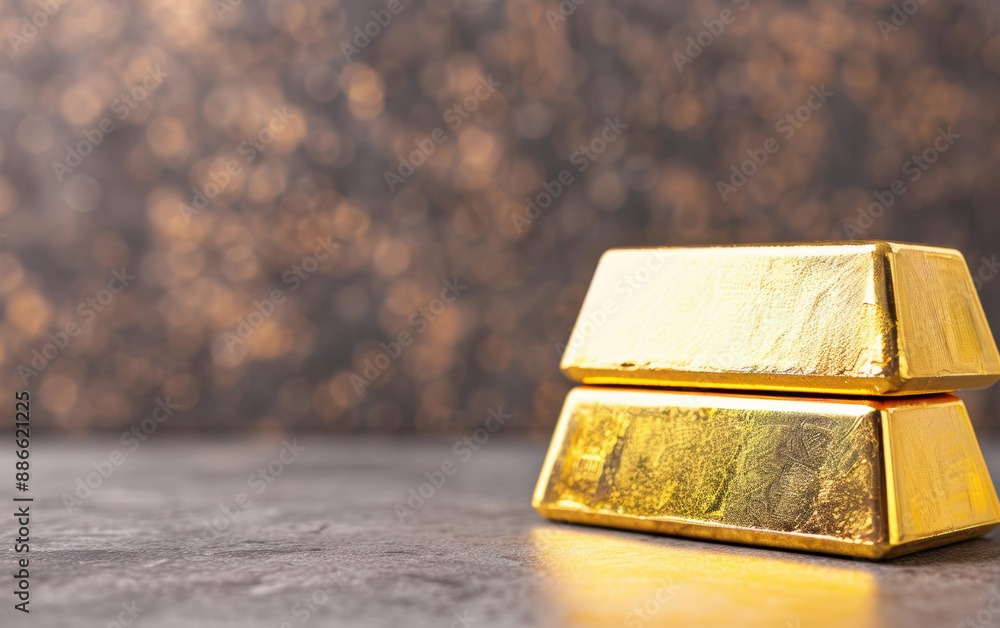 Poster two gold bars stacked on a gray surface with a sparkling golden bokeh background, epitomizing wealth
