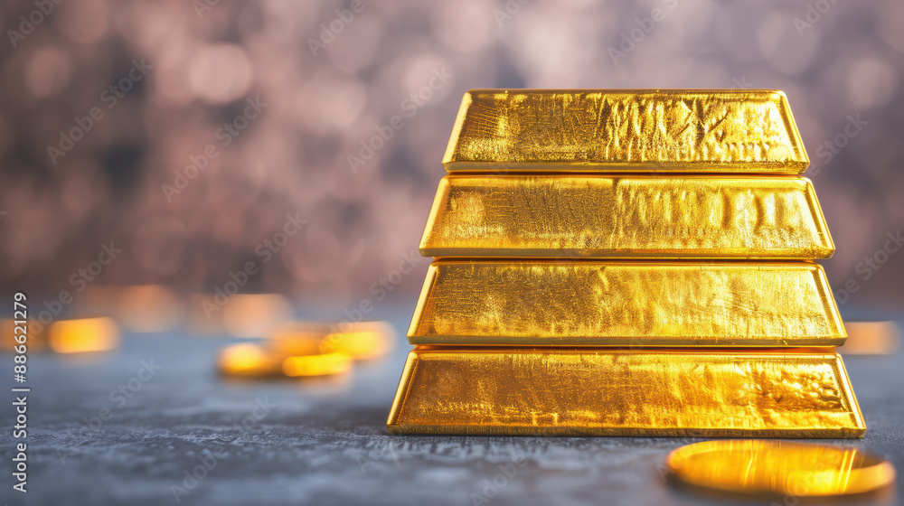 Poster stack of shiny gold bars on a reflective surface with blurred background and scattered coins. wealth