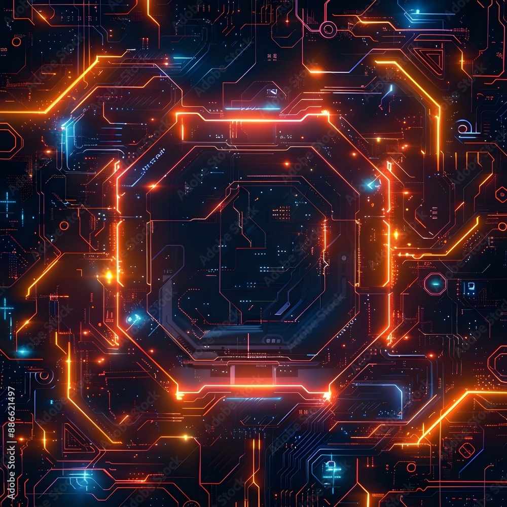 Poster cutting edge techno frame with vibrant circuit board patterns on futuristic dark background