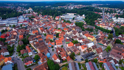  Aerial panorama view around the old town of Roth on an overcast summer day in Germany.