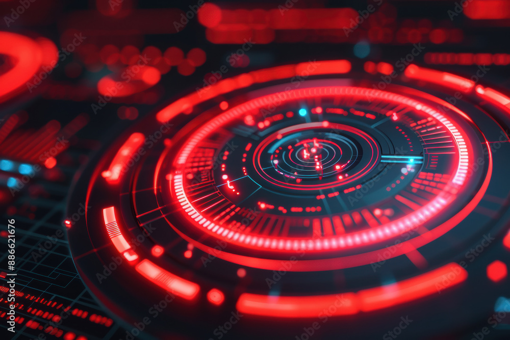 Poster futuristic red and black digital interface with circular patterns and neon lights, depicting advance