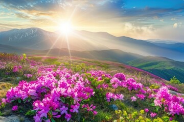 Sunrise Over a Field of Blooming Rhododendrons