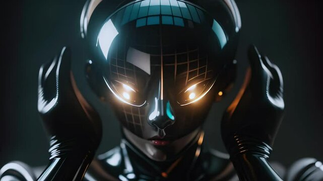 Futuristic Cyberpunk Robot with LED Face Display and Glossy Black Suit in Dark Background