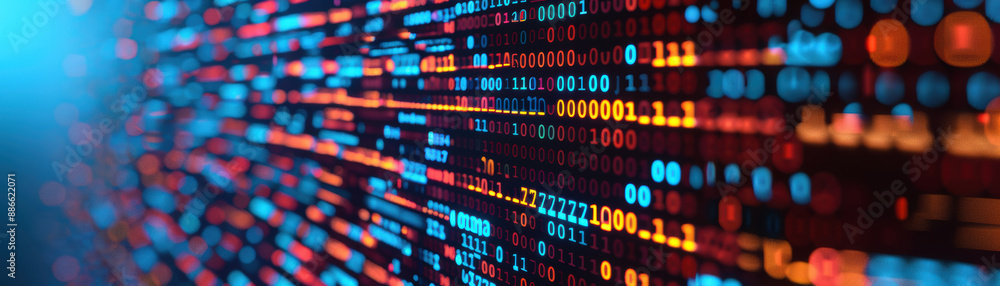 Poster colorful abstract binary code on a digital background, representing data flow and technology in vibr