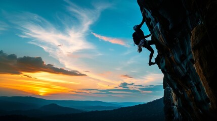 A rock climber with safety gear ascends a cliff face during a beautiful sunset, showcasing determination and adventure. With copy space for text.