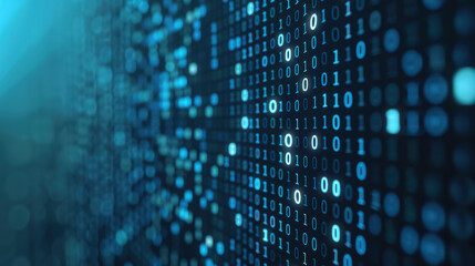 Obraz premium Close-up of binary code on screen. Concept of digital technology, programming, data analysis, cybersecurity, and coding. Blue color scheme.
