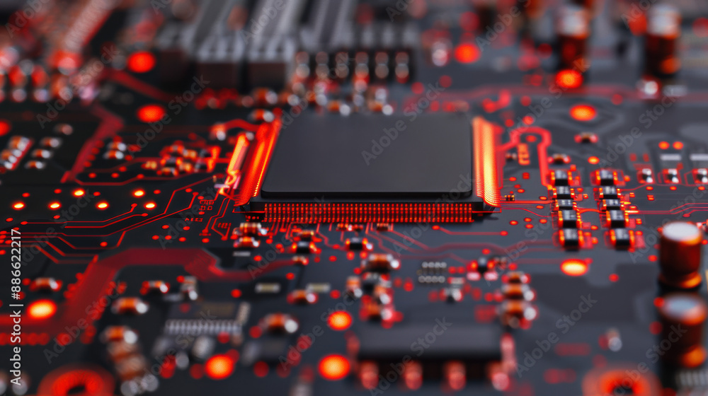 Poster close-up of a computer motherboard showcasing intricate details of circuits and components with glow