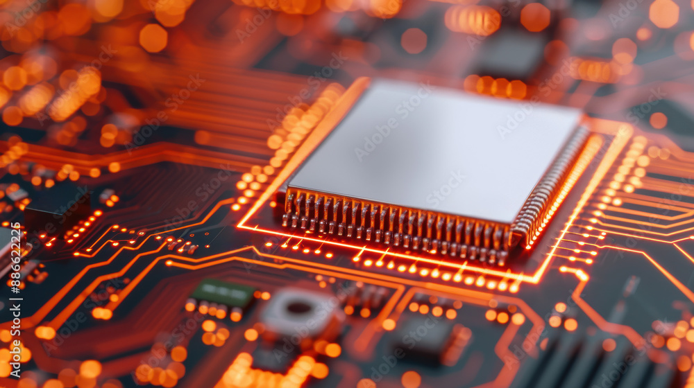 Poster close-up of a modern computer microchip on a circuit board, illuminated with glowing orange lights s