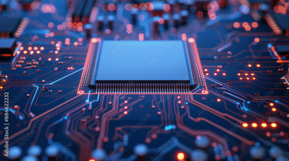 Poster close-up of a high-tech microchip on a blue circuit board, illuminated by red and blue lights, repre