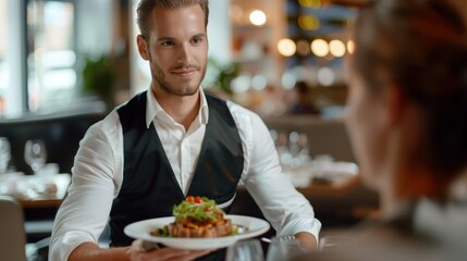 Waiter Serving Gourmet Meal to Customer in Elegant Restaurant